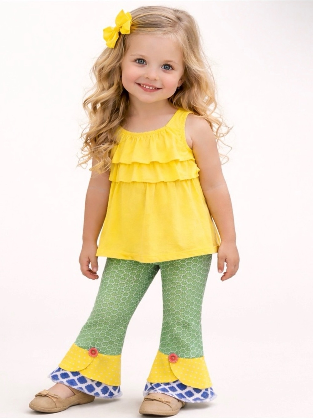 Matilda Jane Girls Ruffle Pants Size 4 NWT Green Yellow Mixed Print Flare